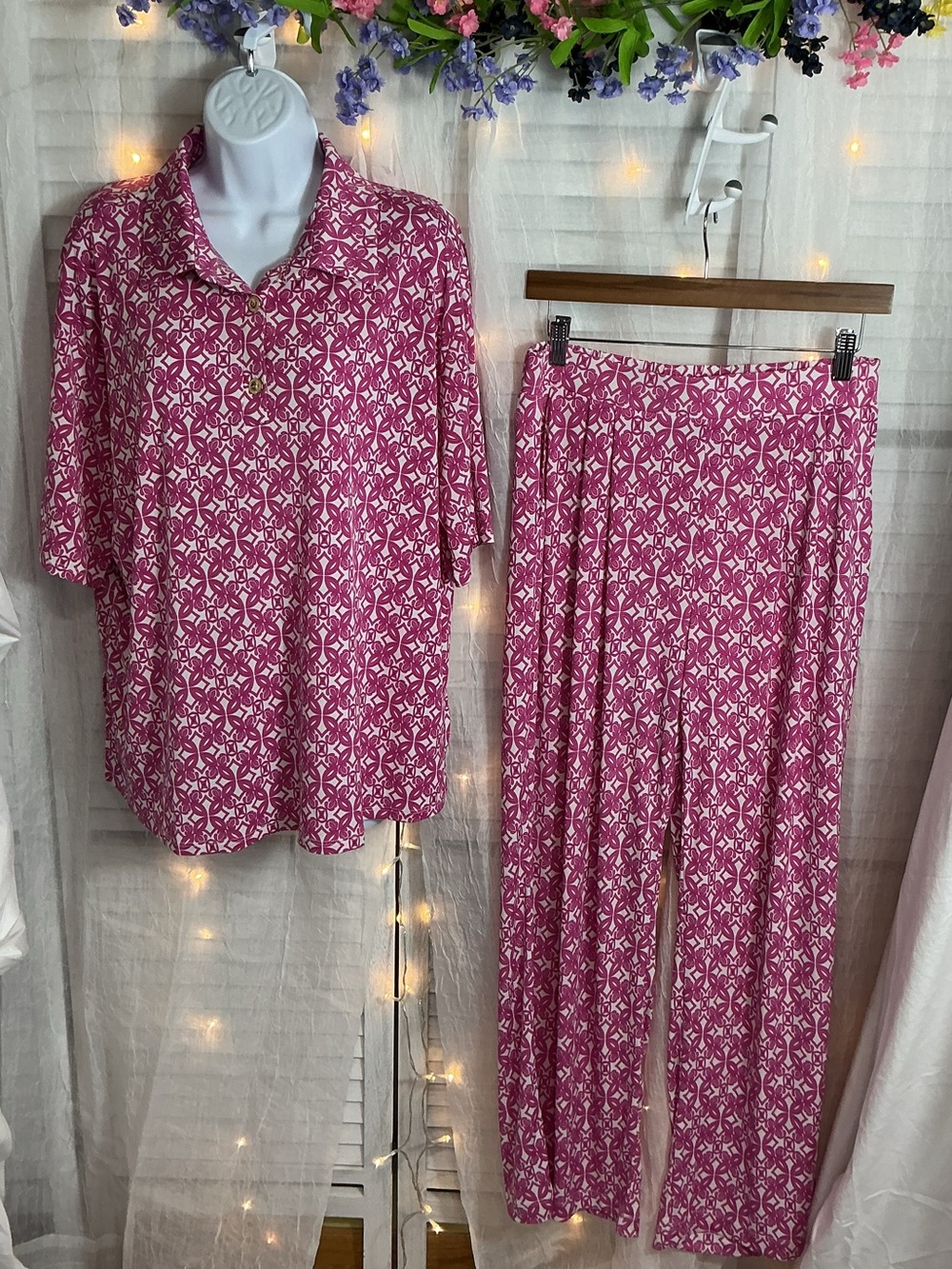 Dear Scarlett Print Ocean Tide Pants Set- Pink & White